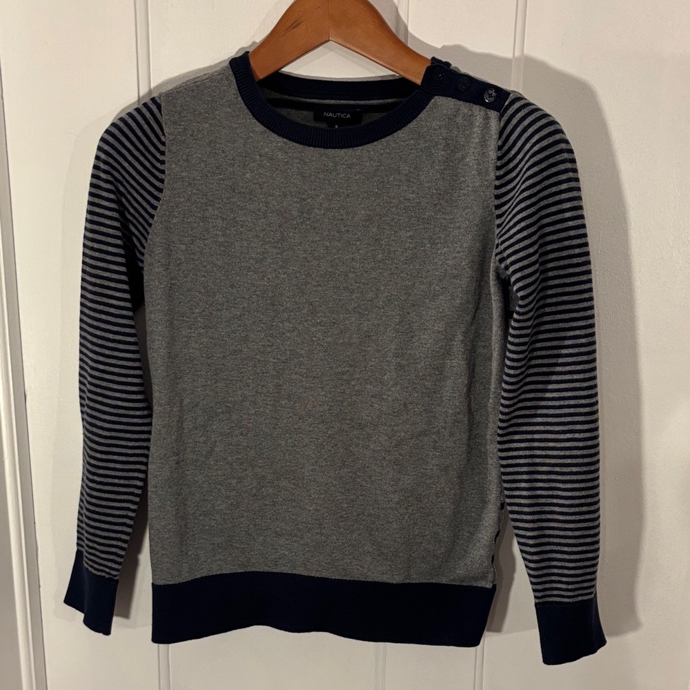 Nautica Women’s Striped Gray and Navy Crewneck Sweater